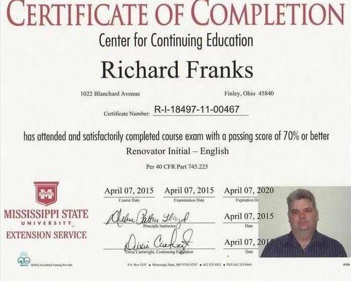 Rick Franks, owner - certificate of training